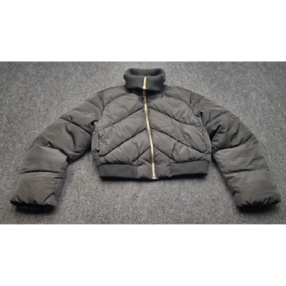 Ci Sono Padded Jacket Women M Black Chevron Quilted Cropped Wind Resistant Zip